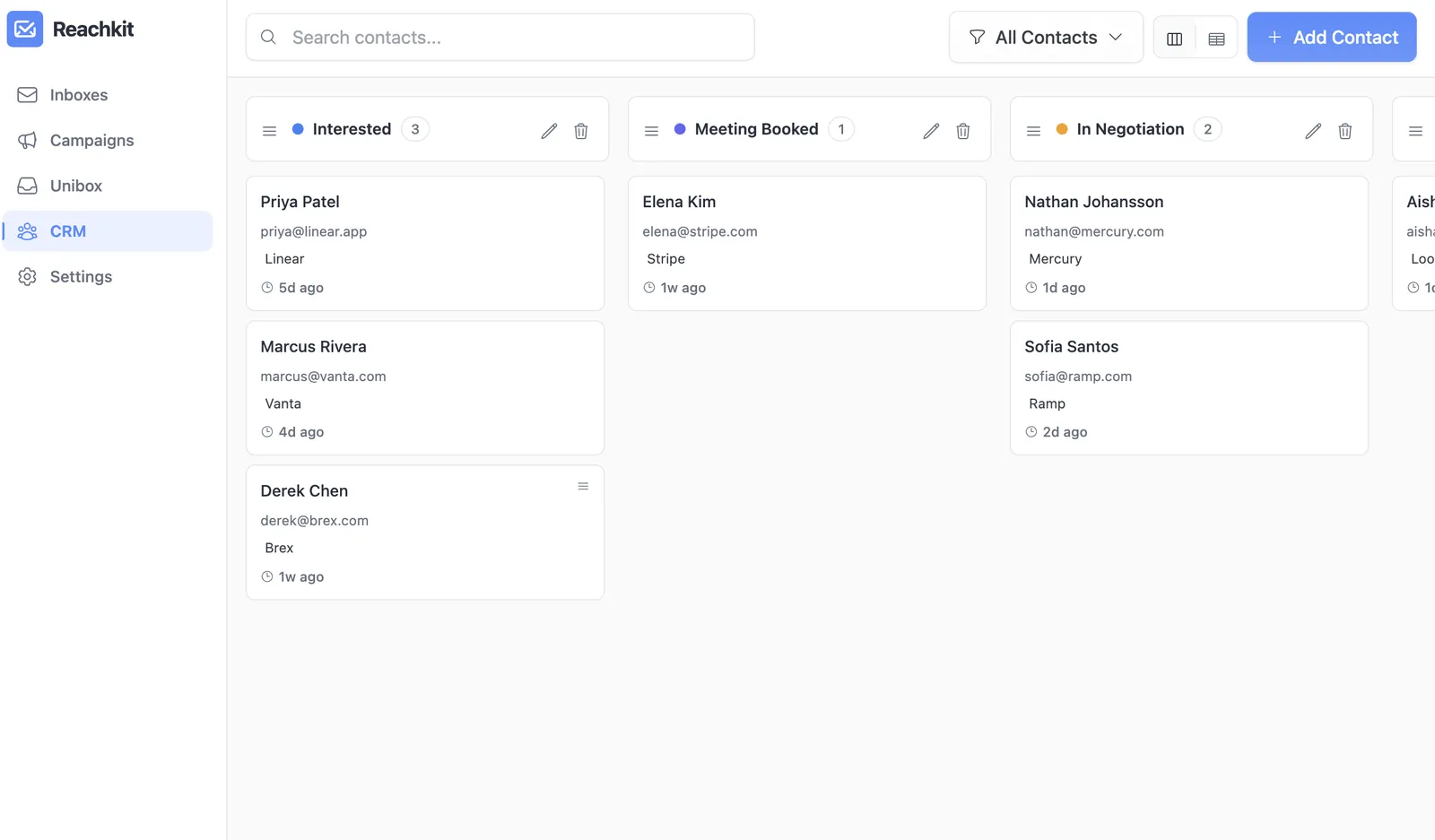 Reachkit CRM kanban with Interested, Meeting Booked, and In Negotiation columns populated with real prospect cards