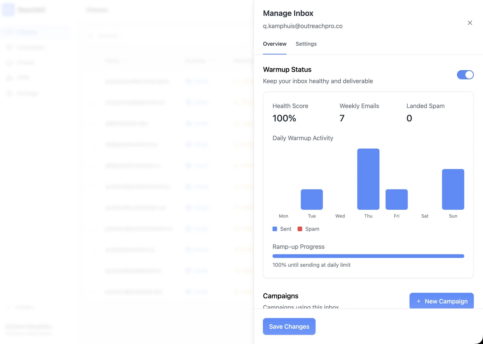 Reachkit warmup dashboard with daily warmup activity bar chart, 100% health score, 0 landed-spam, and ramp-up progress at 100% — what a healthy week of warmup looks like