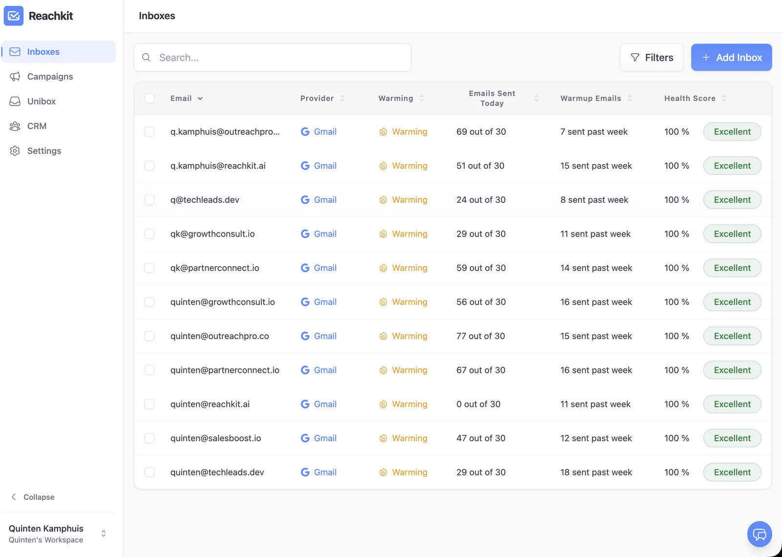 Reachkit inboxes view showing 13 inboxes across multiple secondary domains, each warming and at 100% health, the layer most quotes leave out