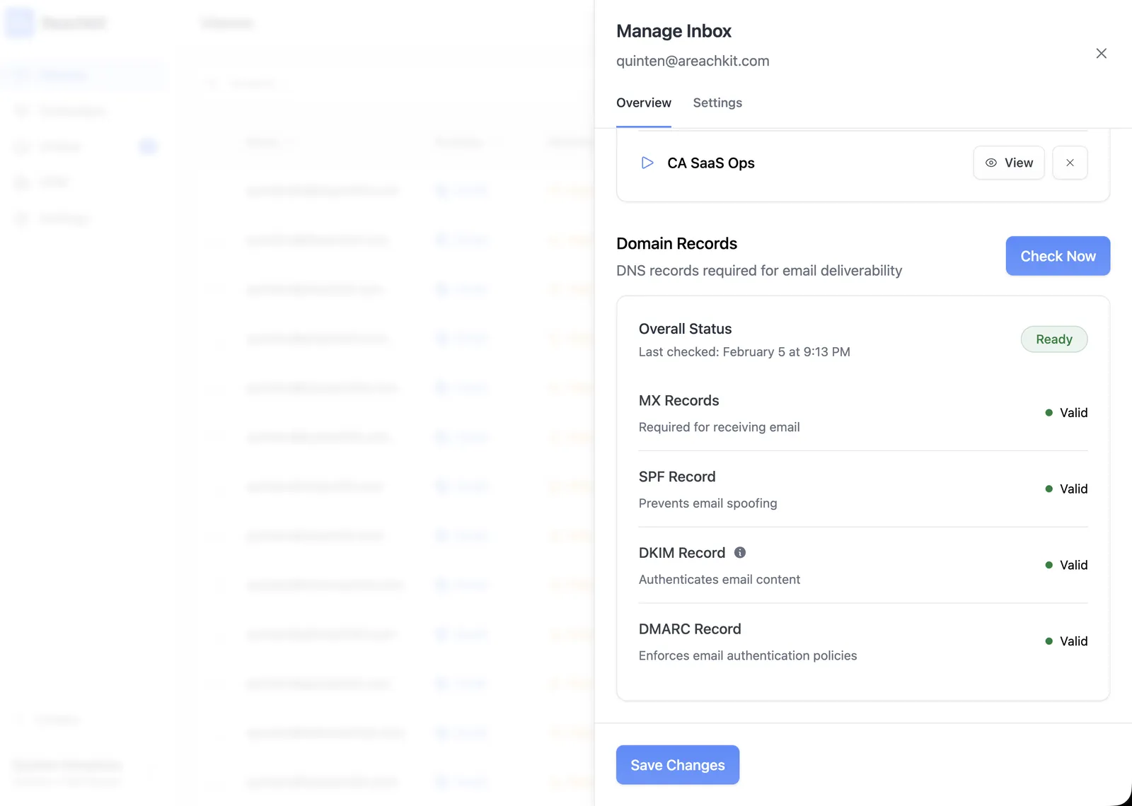 Reachkit domain-records check showing MX, SPF, DKIM, and DMARC records all validating as green — the three DNS records that make Google and Outlook trust your sends