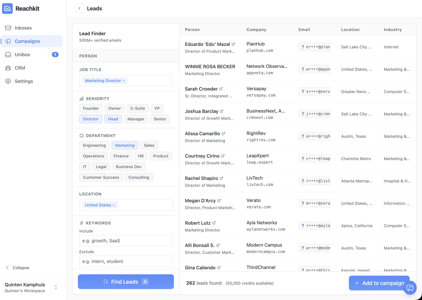 Reachkit lead finder with filters for job title, seniority, department, location, and keywords, returning 263 leads on a marketing-director ICP, the bought-list path that works for broad ICPs