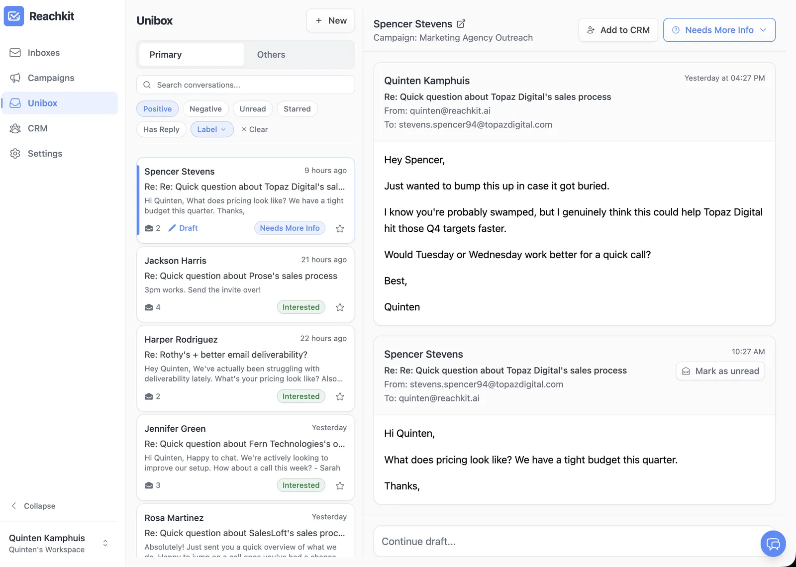 Reachkit Unibox showing real positive replies tagged for follow-up — the kind of inbox most founders never saw under their agency