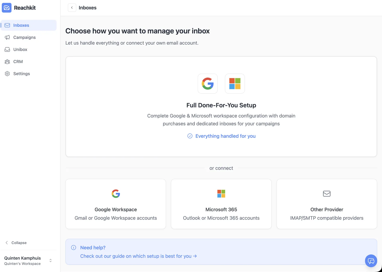 Reachkit setup choice: full done-for-you setup with domains and inboxes provisioned, or bring your own Google Workspace, Microsoft 365, or IMAP/SMTP provider
