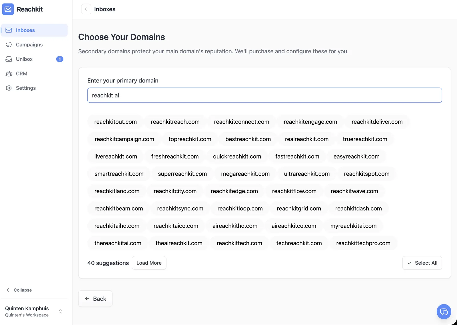 Reachkit domain provisioning page auto-suggesting 40 secondary domains based on a primary brand domain